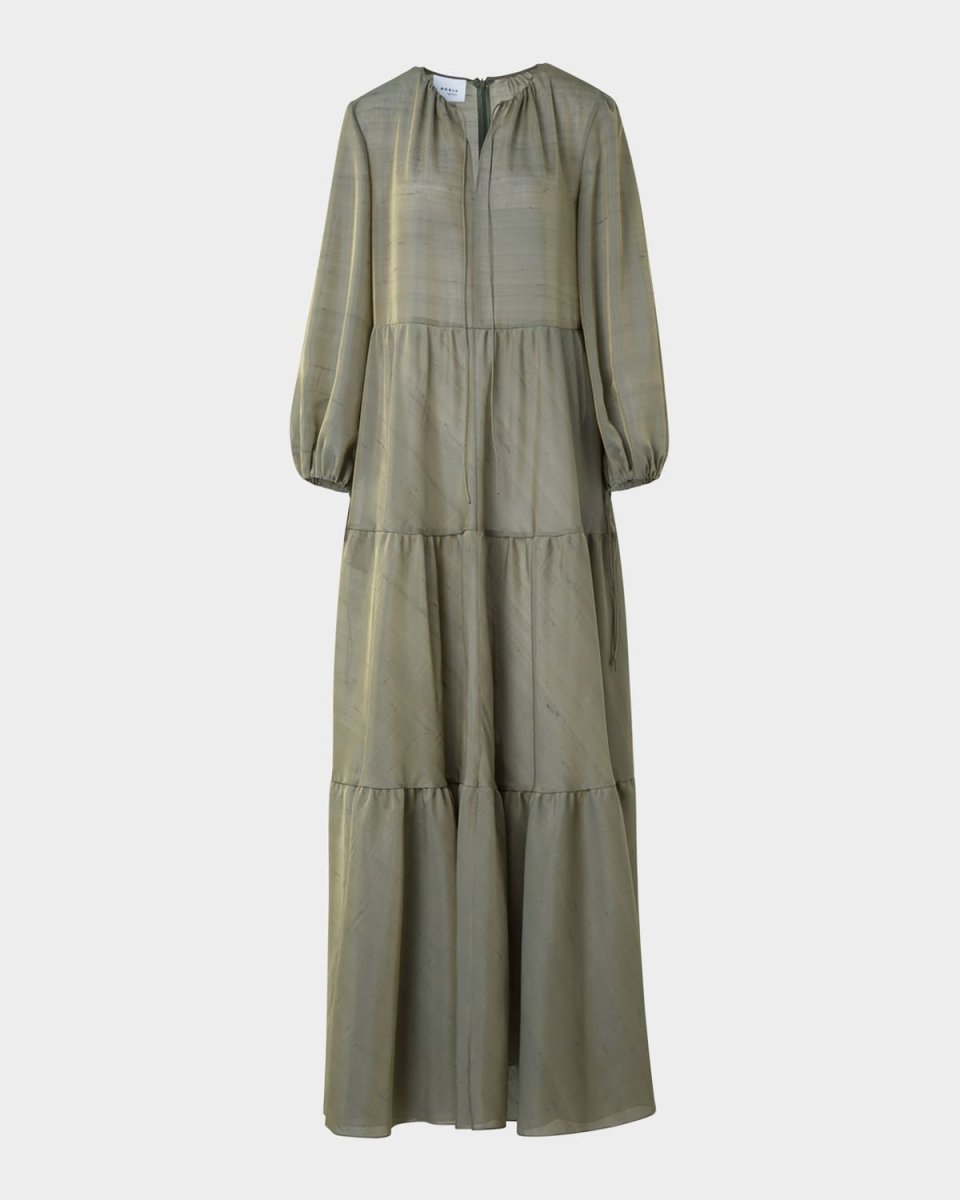 Long-Sleeve Tiered Silk Batiste A-Line Maxi Dress